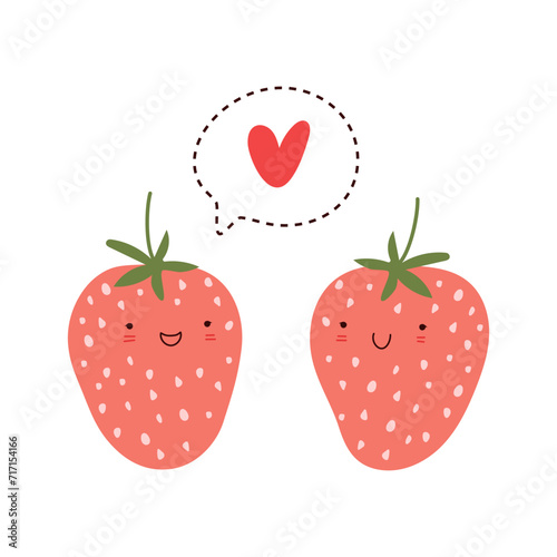 Romantic illustration of two cute cartoon strawberry characters. A declaration of love and warm feelings to each other.