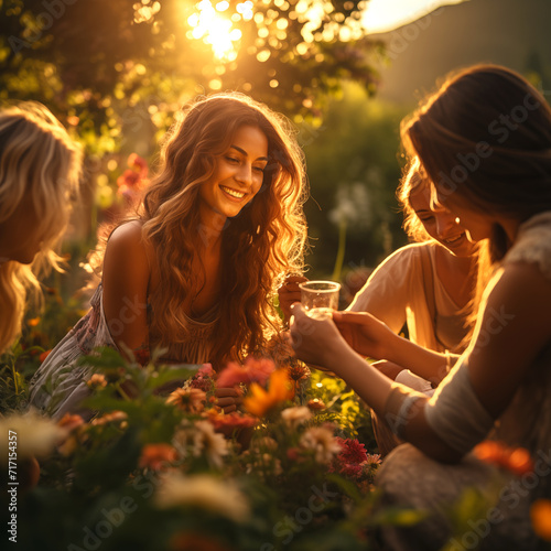 Gente feliz disfrutando en una reunión social celebrando juntos.Chica y grupo de amigos disfrutando de un refresco o cerveza en el jardín. Imagen idílica con dramática luz del atardecer. photo