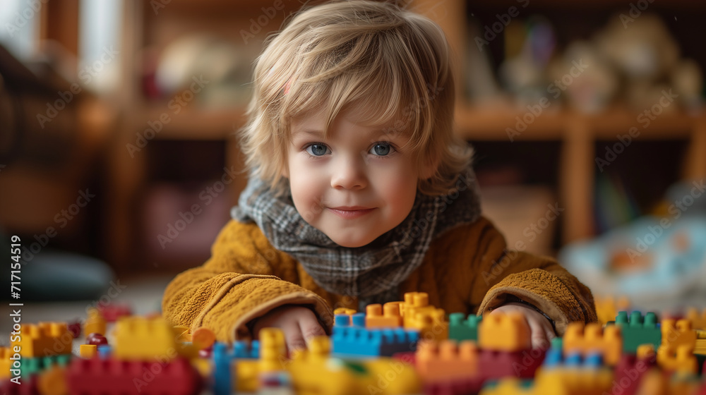 Adorable little boy immersed in play, creating with colorful toy blocks in cozy home interior Adorable little boy immersed in play, creating with colorful toy blocks in cozy home interior