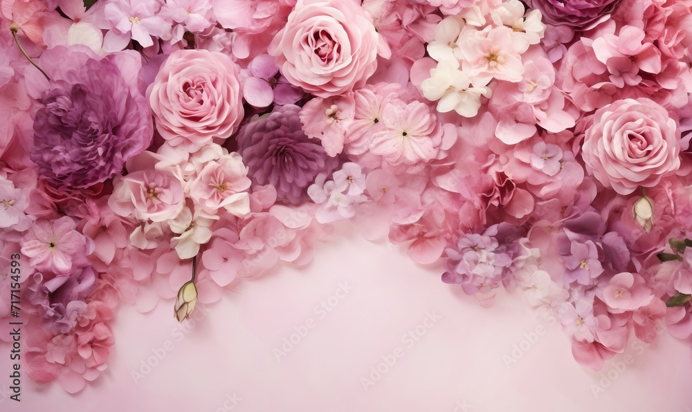 Beautiful pink flowers on pink background, top view. Space for text