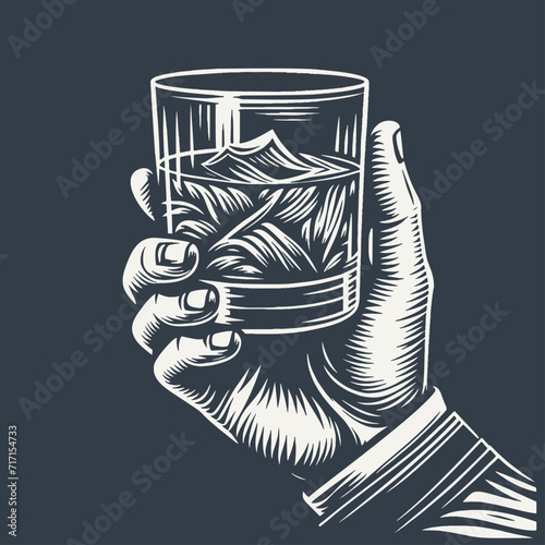 Hand holding a glass of whiskey. Vintage woodcut style vector illustration on dark background.