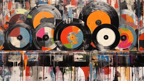 Generative AI, Grunge Vinyl Records, pop art graffiti, vibrant color. Ink melted paint street art on a textured paper vintage background	
