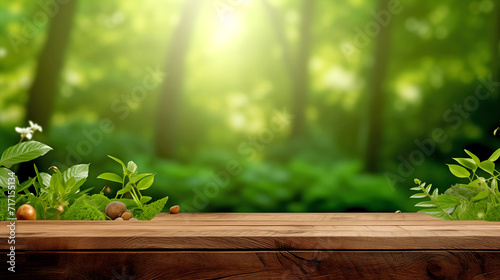 Empty Wooden Tabletop Against Green Blurry Forest Background