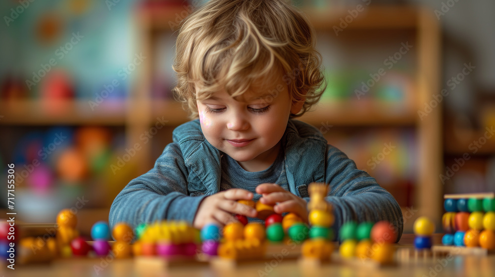 Playtime fun as cute little boy builds with vibrant toy blocks in a cozy home setting