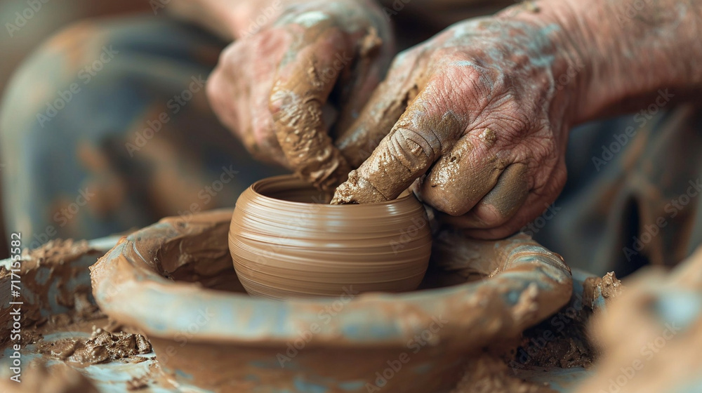 A close-up of a potter's hands delicately molding clay into a detailed and unique ceramic masterpiece, capturing the artistry and craftsmanship of the pottery process.
