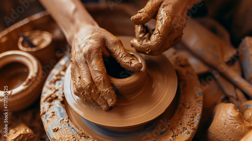 A skilled potter at the potter's wheel, hands expertly shaping clay into a beautifully intricate vase, surrounded by a palette of earthy tones and artisan tools.