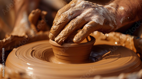 A close-up of a potter's hands delicately molding clay into a detailed and unique ceramic masterpiece, capturing the artistry and craftsmanship of the pottery process.
