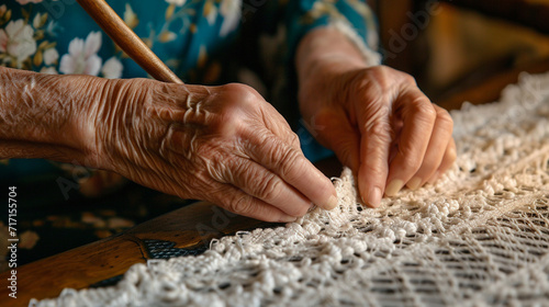 A close-up of a lacemaker's hands deftly weaving delicate threads into an ornate lace pattern, highlighting the precision and skill involved in this timeless craft.