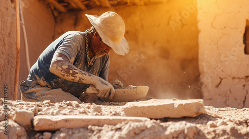 An adobe worker shaping mud into traditional adobe bricks under the warm sunlight, capturing the earthy essence of the age-old process of building with natural materials. photo