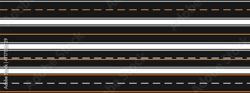 A set of straight asphalt road templates. seamless road background vector freeway road lanes with markings eps10