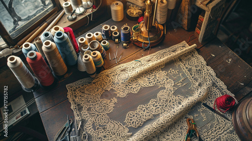 A lacemaker's workspace adorned with spools of thread, bobbins, and intricate lace patterns in progress, showcasing the meticulous and detailed art of lace-making.