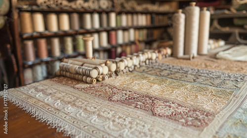 A lacemaker's workspace adorned with spools of thread, bobbins, and intricate lace patterns in progress, showcasing the meticulous and detailed art of lace-making. photo