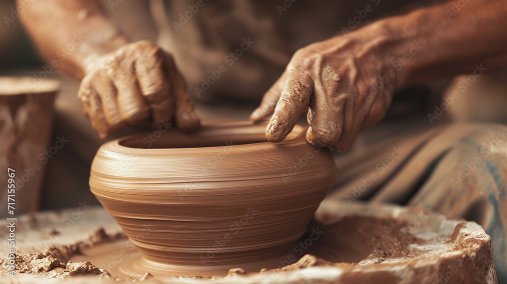 A potter at the finishing stage, carefully smoothing and polishing the surface of a clay vessel, capturing the dedication and precision involved in achieving a flawless ceramic pie