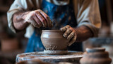 A potter at the finishing stage, carefully smoothing and polishing the surface of a clay vessel, capturing the dedication and precision involved in achieving a flawless ceramic pie