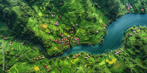 View of Lush Green European Countryside Farmland with Canals, Wind Turbines, and Solar Energy in Summer, Generative AI