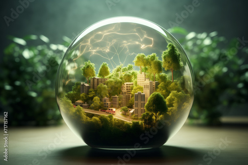 Green micro world with trees, houses, roads, cars in a glass bulb in rays of light on the background of plants photo