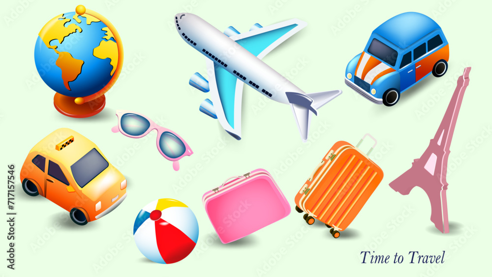 Set of cute cartoon icons on the theme of traveling. Suitcases, transportation and more . Vector illustration