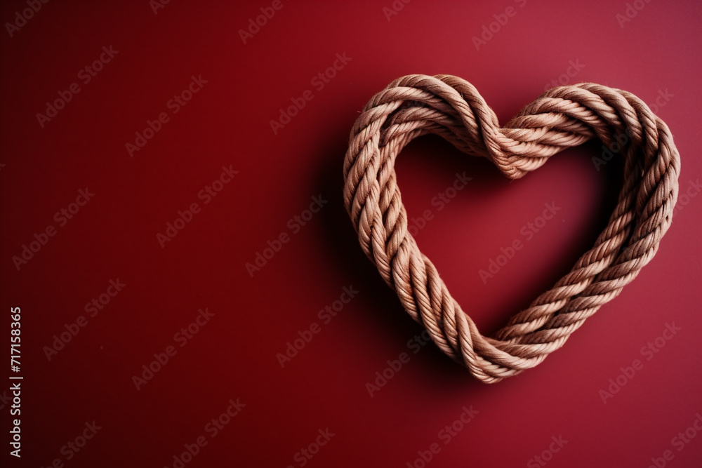 Heart made of rope on a red background. Valentines day concept.