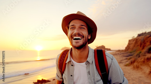 Laughing Man on the Beach Near the Ocean