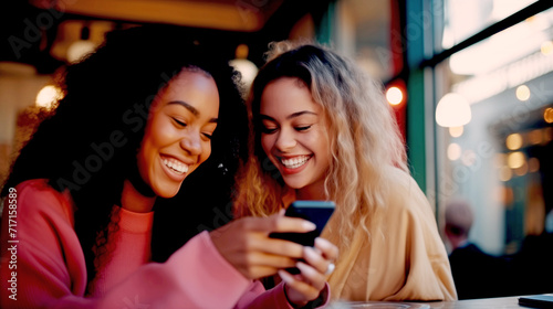 Two Laughing Young Women Watching a Video on a Smartphone
