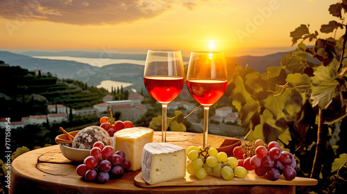 2 Glasses of Wine on a Wooden Table and Grapes. Romantic Party at Sunset by the Ocean. Atmosphere of Love and Nostalgic Memories