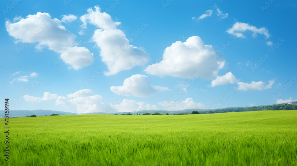 Beautiful landscape with green grass on sunny day, AI Generative.