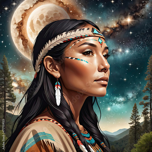 Modern Flat Close-Up Portrait Design Illustration of a Tall Tan-Skin Native American Adult Woman Surrounded by Nature Gen AI