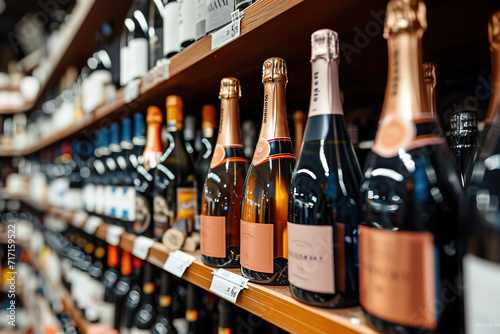 Champagne bottles on wine Store shelves. People purchasing gastronomy food concept photo