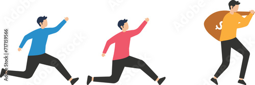 Financial fraud, illegal investment scam or ponzi scheme stealing money from greedy people concept, greedy businessman investor running to catch money bag
