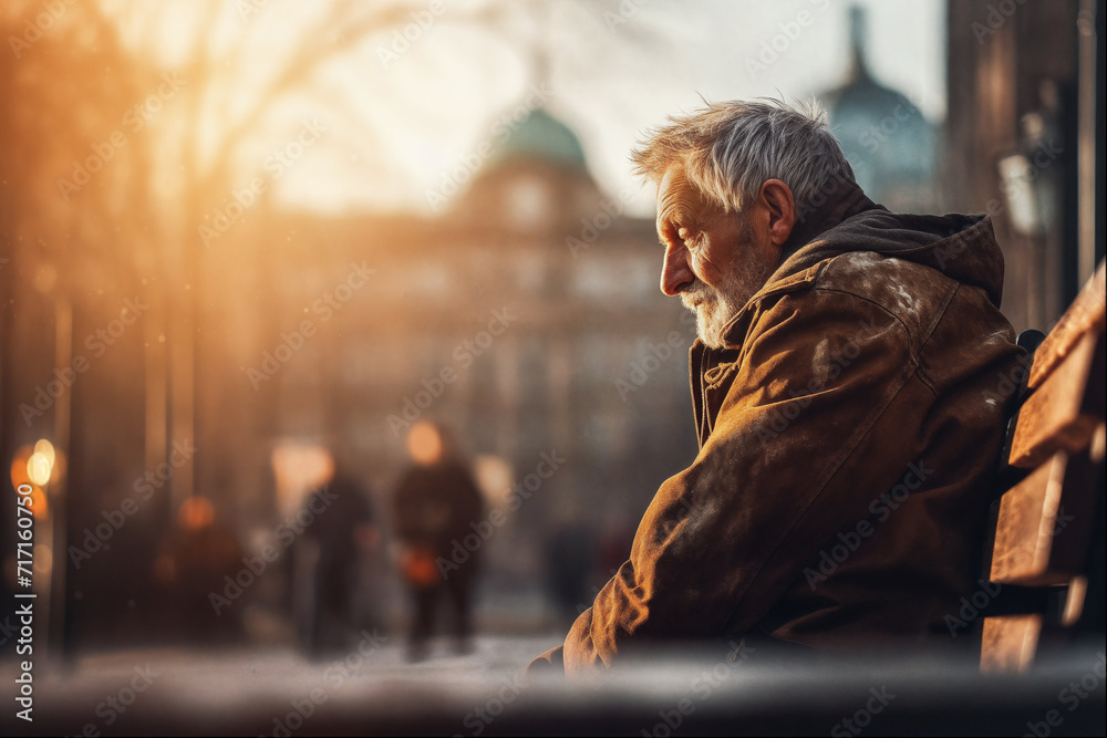 Elderly man sitting alone on a bench in a city at sunrise.