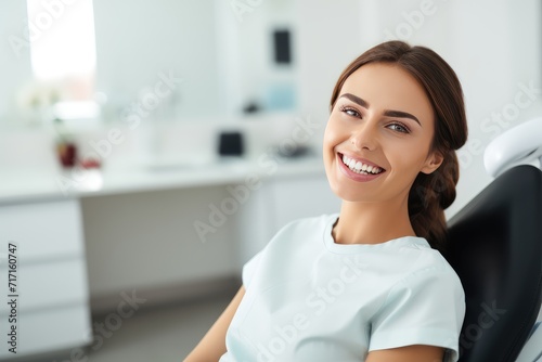 Smiling Woman in a Dental Clinic During a Routine Check-up on a Sunny Day