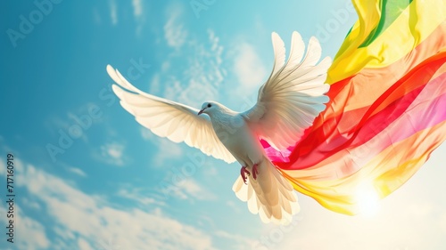 White dove in flight with a rainbow trail against a blue sky