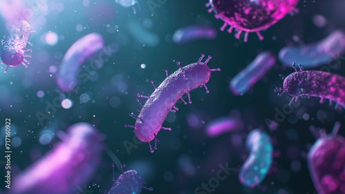 Purple bacteria with light effects on a dark background