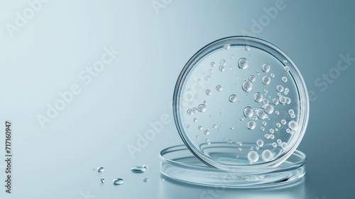 Petri dish with clear gel and bubbles on a blue background