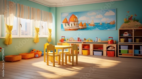 Nursery room or kindegarten daycare colorful yellow interior with furniture for preschool children