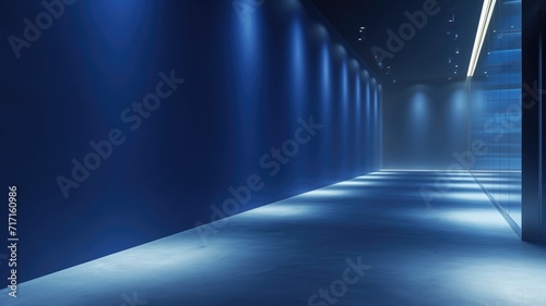 Futuristic blue corridor with soft lighting