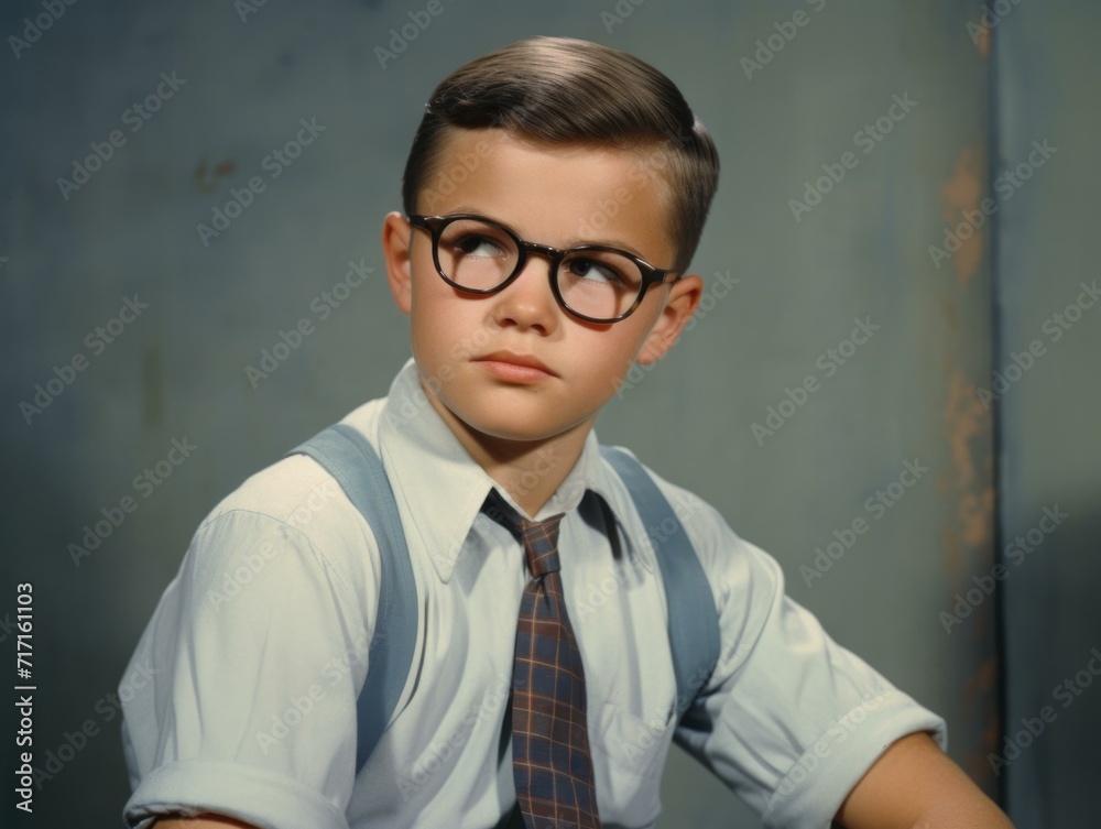 A young boy wearing glasses and a tie. Generative AI.
