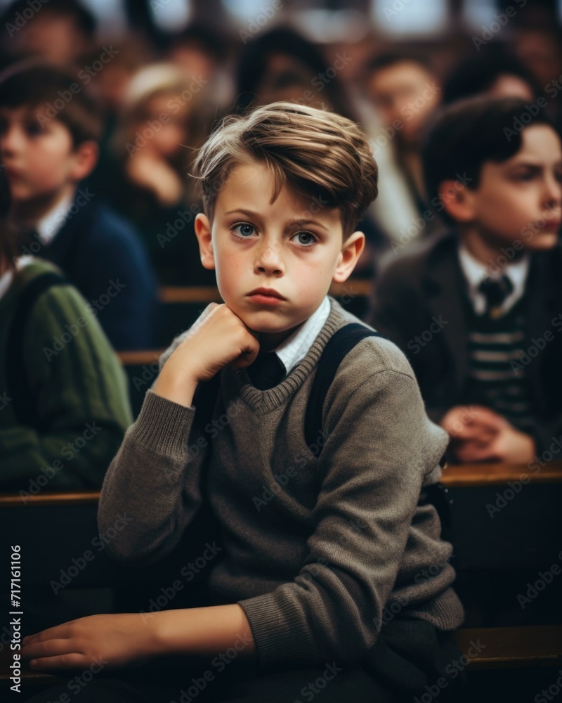 A young boy sitting in a classroom with other students. Generative AI. A young boy sitting in a classroom with other students. Generative AI.