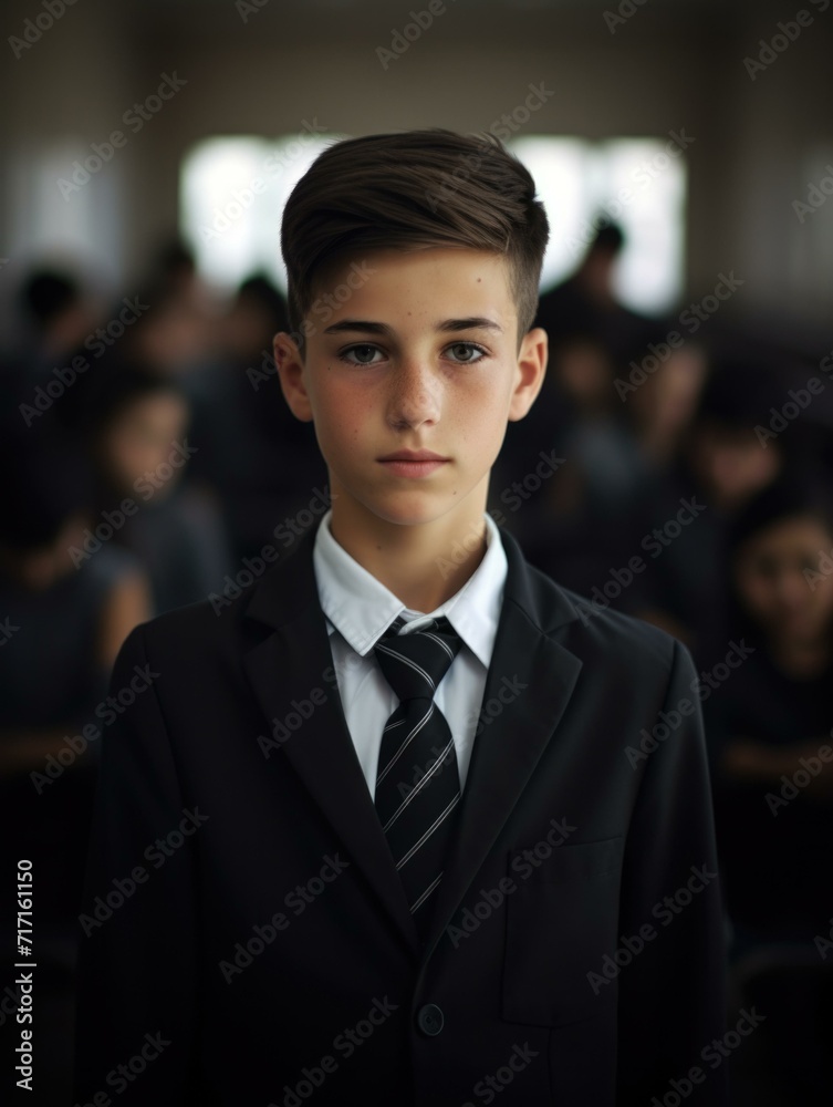 A young boy in a suit and tie standing in a classroom. Generative AI.