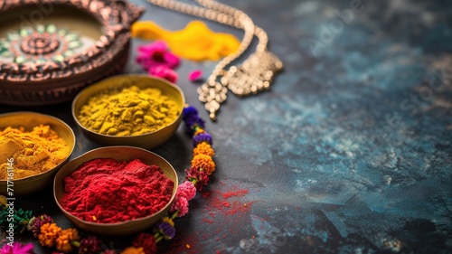 Colorful powders and flowers for a cultural celebration