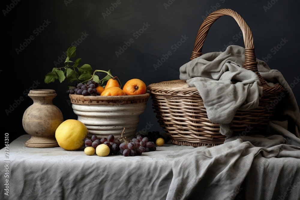 Wicker basket with fruits on table on dark background Still life