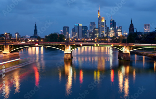 The Main river view on the downtown of Frankfurt at blue hour, Germany