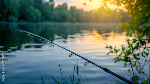 close-up of a fishing rod with a reel on the background of the lake. fishing concept
