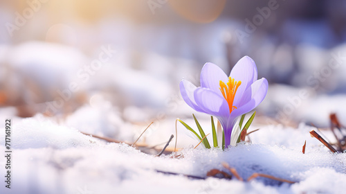 Delicate purple saffron flowers close-up. Rare purple and white striped crocus Pickwick grow on a flowerbed. Saffron harvest season. Beautiful floral background.