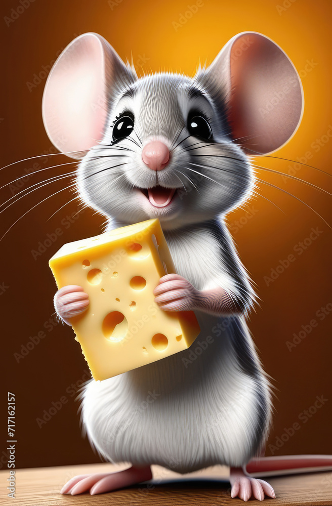 illustration of funny character, cute smiling mouse with big ears eating piece of cheese.