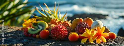 tropical fruits on mango kiwi papaya ocean background
