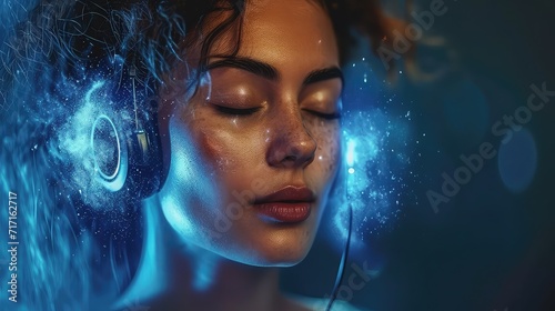 Mystical Portrait of a Person Wearing Headphones Surrounded by Ethereal Blue Light and Stars, Capturing the Essence of Music and Sound