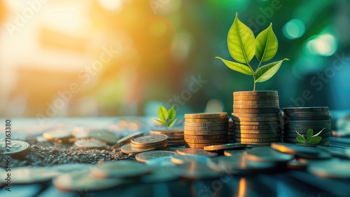 Coins and young plant on a table symbolizing financial growth photo