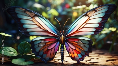 large stunningly beautiful fairy wings Fantasy abstract paint colorful butterfly sits on garden.The insect casts a shadow on nature.The insect has many geometric angles.3d render. generative, ai. © Oleks Stock