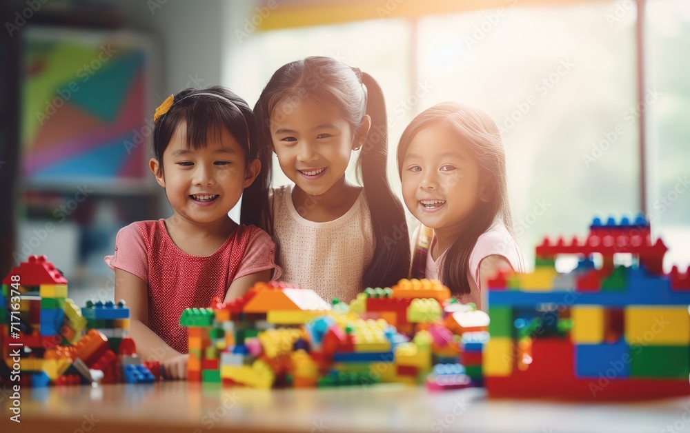Three Young Children Engaged in Creative Play With Colorful Building Blocks Indoors Three Young Children Engaged in Creative Play With Colorful Building Blocks Indoors